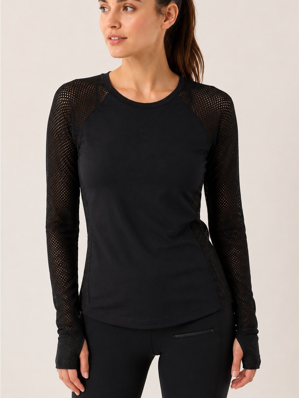 Peony & Me Pointelle Mesh Long Sleeve Top Black Size S NWT